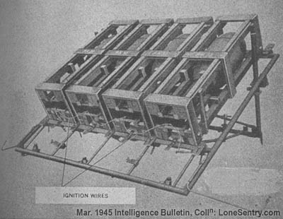 [The Wurfgerät 41 consists of a frame of steel tubing on which may be placed 280- or 320-mm rockets in either wooden or steel crates. (The wooden crates are illustrated above.) The rockets are fired from these crates.]