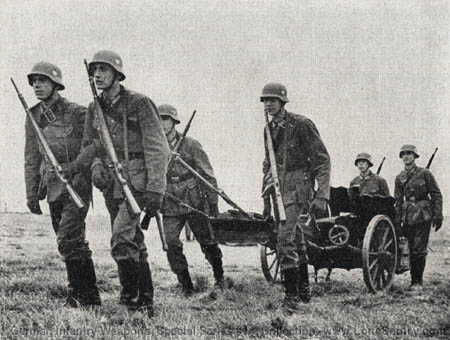 [Figure 78. Manhandling 7.5-cm infantry howitzer.]