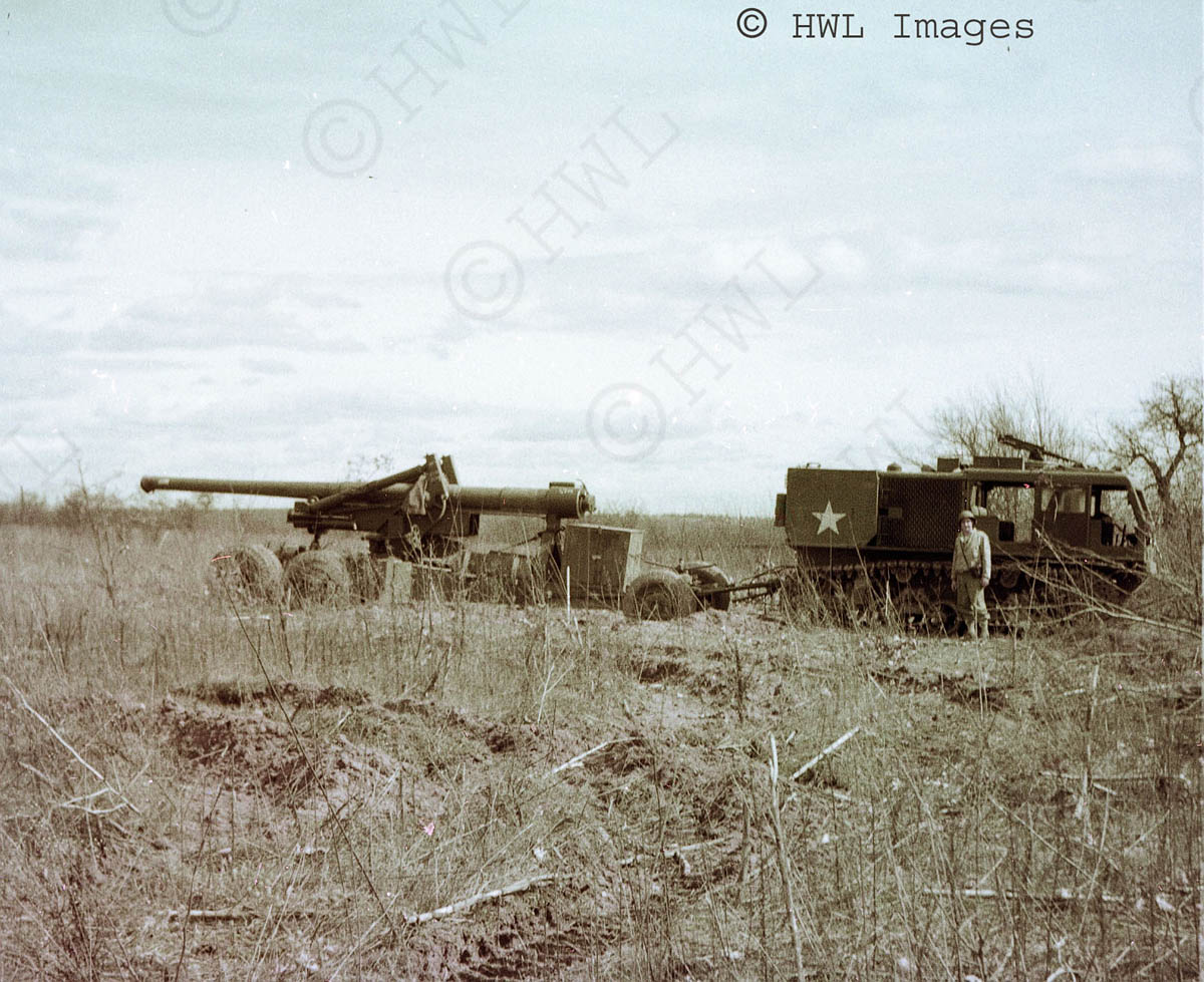 [WWII Color Photograph: 155mm Long Tom and prime mover in Europe. Copyright HWL Images.]